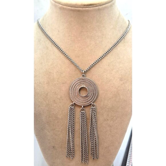 Silver-Tone Circular Pendant Necklace With Chain Tassels - Picture 2 of 3